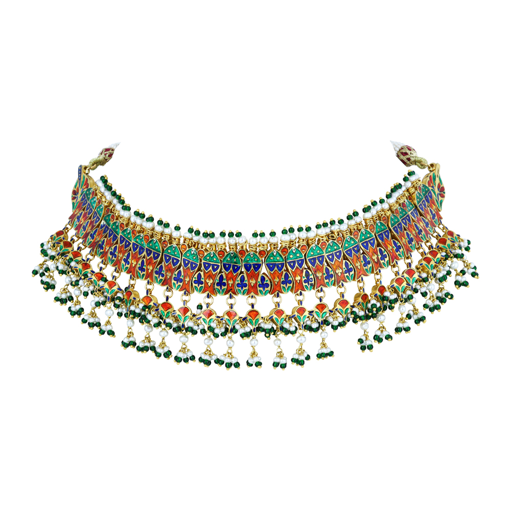 Red-Green Enamel Polki Choker with Green Beads and Pearl Clusters